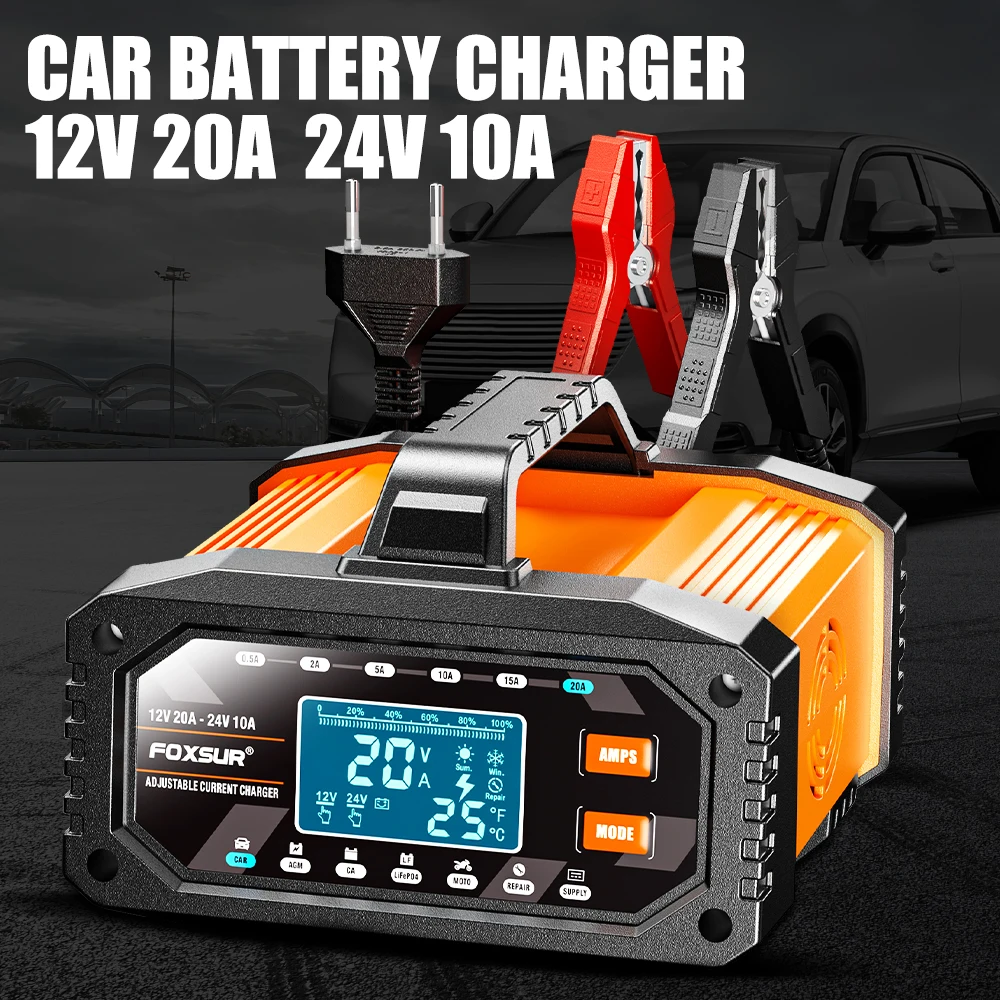 

7 Stage Large Screen Digital Display Smart Battery Charger 12V 24V 20A 10A Car Motorcycle Battery