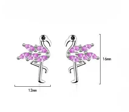 Real 925 Sterling Silver Sweet Pink Zircon Flamingo Stud Earrings For Daughter Girls Kids Lady Fine Gift Jewelry DK071