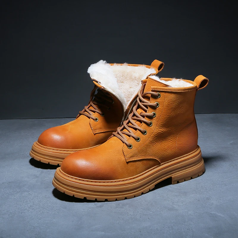 

Winter Genuine Leather Snow Boots Men Wool High-Top Boots Outdoor Thickened Plush Insulation Cold-Resistant Cotton Shoes