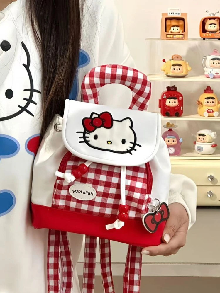 Xiuya Hello Kitty Womens Backpack Small Plaid Sweet Cute Aesthetic Backpacks Cartoon Embroidery Kawaii Casual Fashion Female Bag