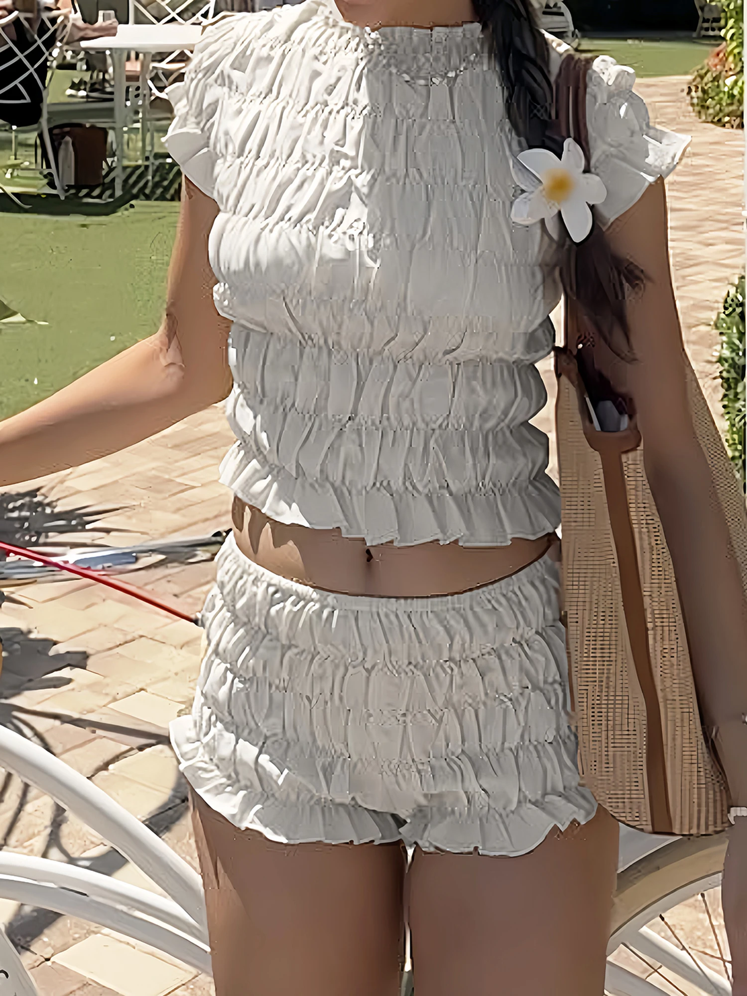 여성용 2피스 파자마 세트, 솔리드 컬러 스목 버블 반소매 티셔츠 및 아늑한 라운지웨어 편안함을 위한 신축성 있는 반바지