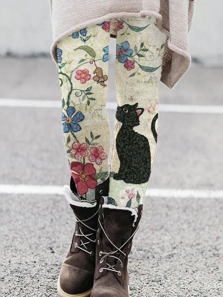 New Women's Leggings Natural Flower Printed Outdoor Pants Polyester Spandex Stretch Elastic Waist Control Fall Winter Streetwear