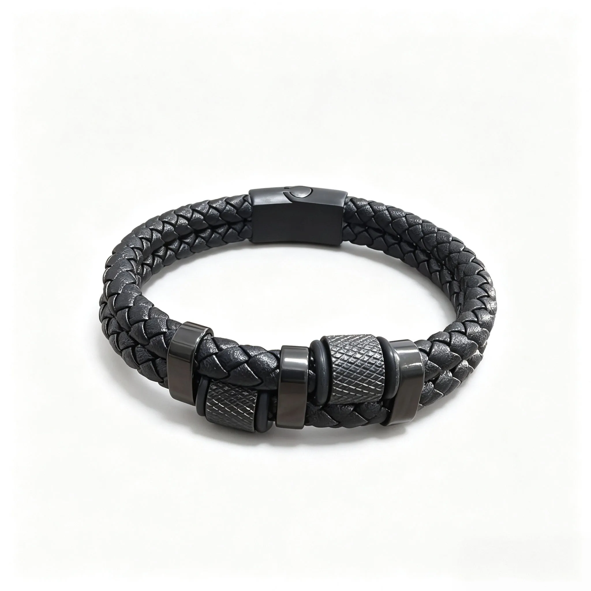 Classic stainless steel leather rope bracelet rust resistant and non fading steel color black gold three color couple accessory