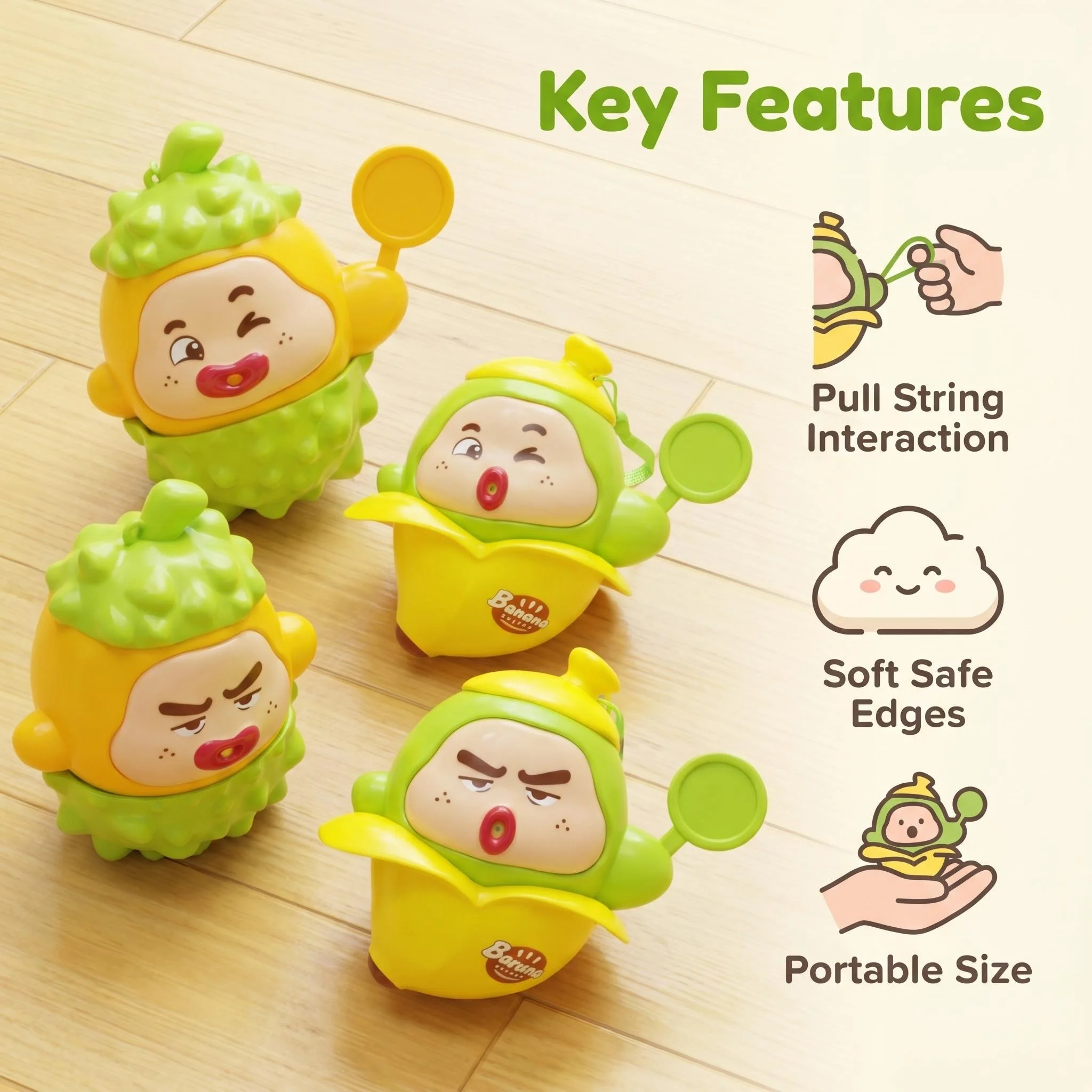 Adorable fruit-themed stress-relieving toys, portable banana and durian squeeze water gun toys. Fun designs, soft and safe edges