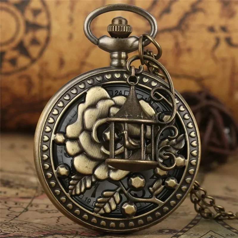 Bronze Antique Hollow-Out Flower Design Women Men Retro Quartz Analog Pocket Watch Necklace Chain with Bird Cage Accessory