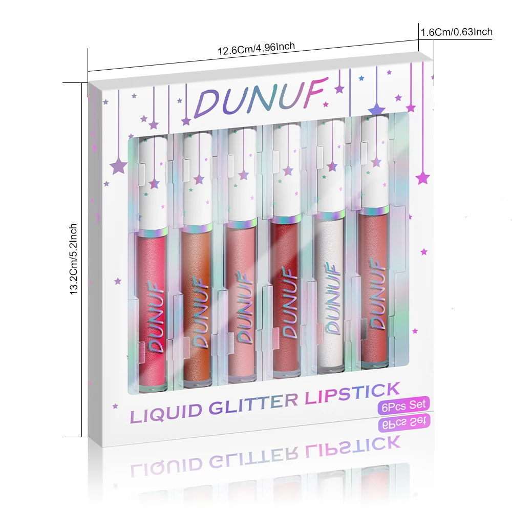 Dunuf Set di rossetti impermeabili a lunga durata da 6 pezzi, finitura luccicante, perfetto da indossare tutto il giorno, regalo ideale per donne e ragazze