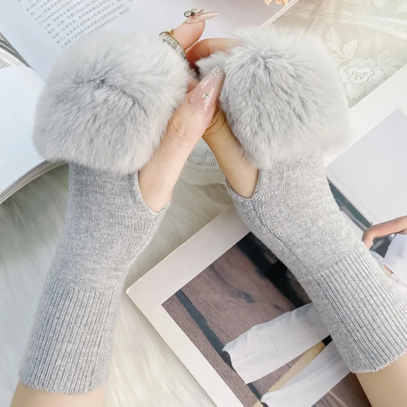 

Real Rex Rabbit Fur Knitted Gloves For Women Winter Thickened And Warm Fur Gloves Fluffy Natural Fur Gloves Good Elastic Mittens