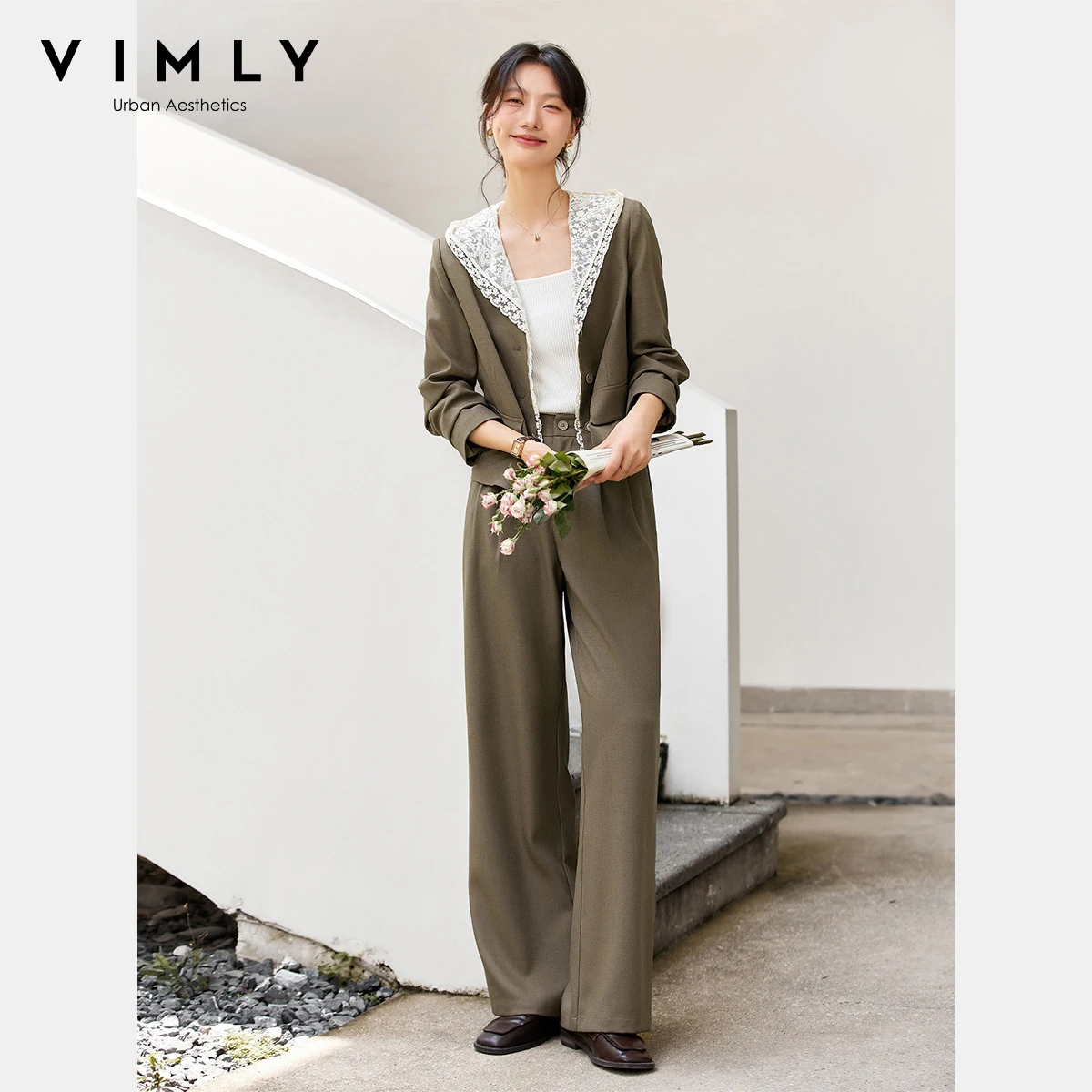 

VIMLY 2 Piece Blazer Pants Sets Woman Outfits Notched Lapel Collar Lace Spliced Long Sleeves Jacket Casual Long Trousers A2532