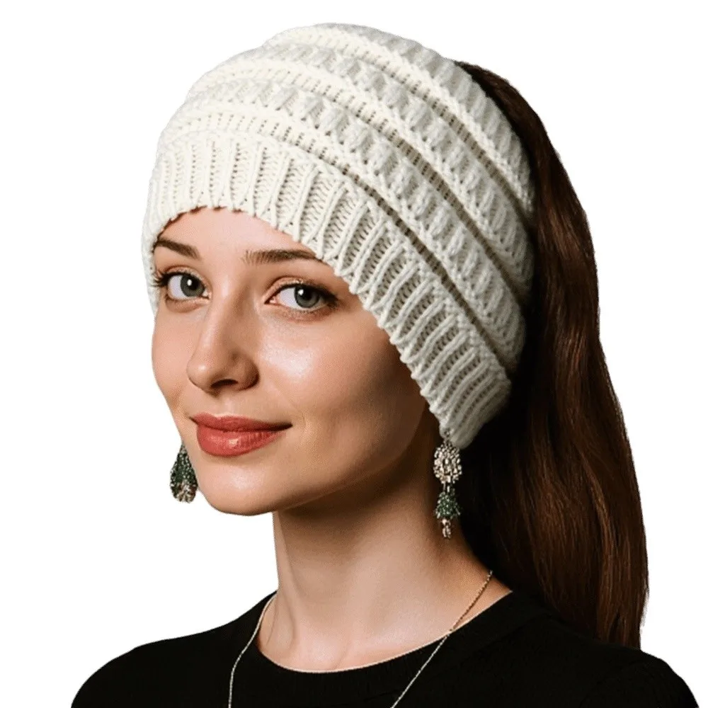 Warm Solid Color Ponytail Beanie Hat Thicken Headwear Women's Hat Ear Protection Knitting Headband Autumn