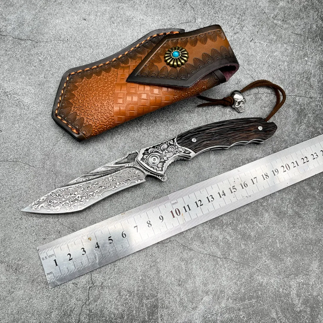 

Forged VG10 Damascus Folding Knife With Leather Sheath Outdoor Hunting Self Defense Pocket Camping EDC Handmade sharp Knives