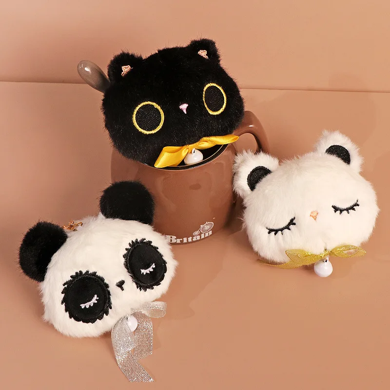 New Cartoon Cute Little Panda Head Plush Coin Purse Ins Closed Eyes Cat Plush Coin Purse Headphone Bag Backpack Pendant