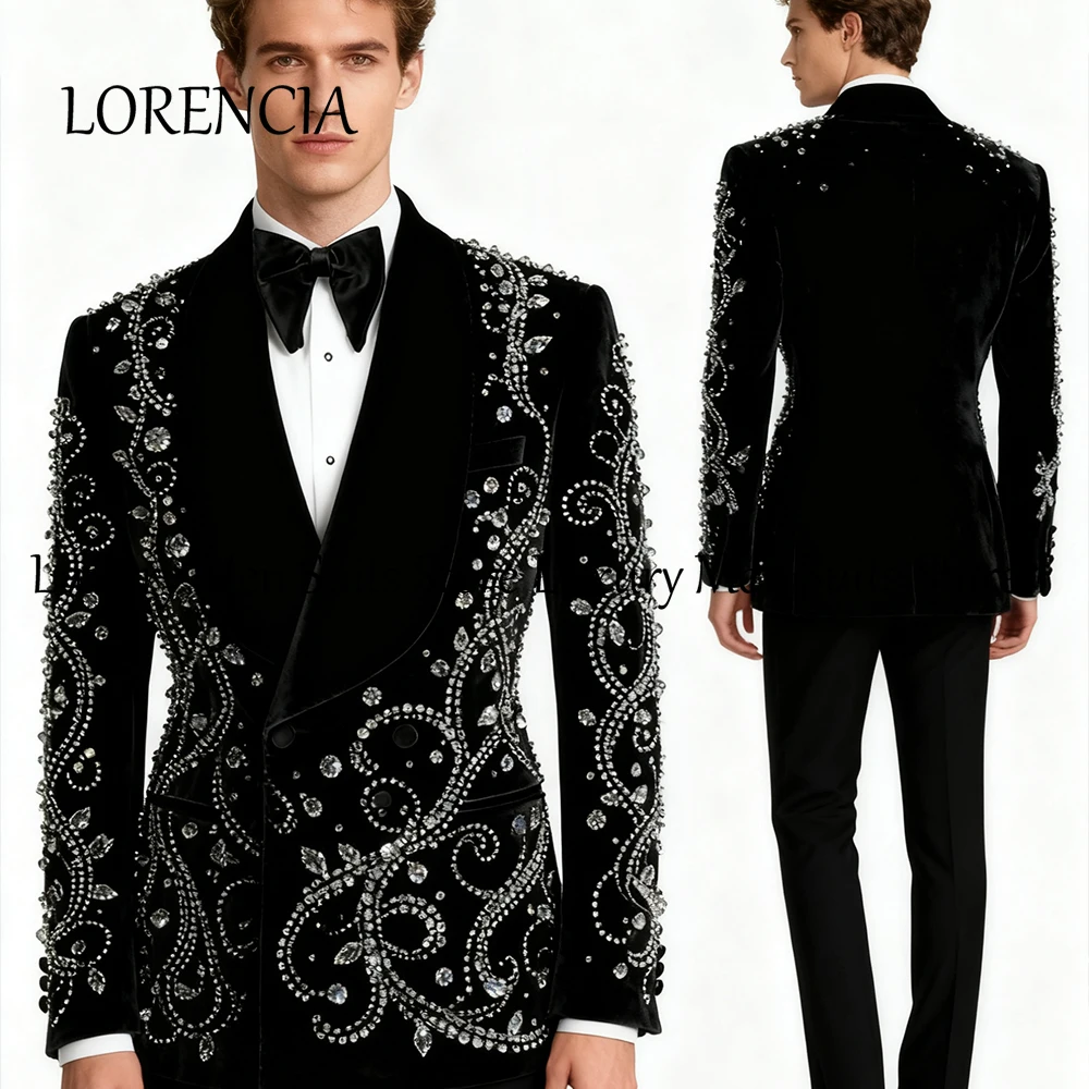

Luxury Crystal Male Suits 2 Pieces Double Breasted Tuxedos Wedding Party Outfit Customized Blazer Pants traje juvenil masculino