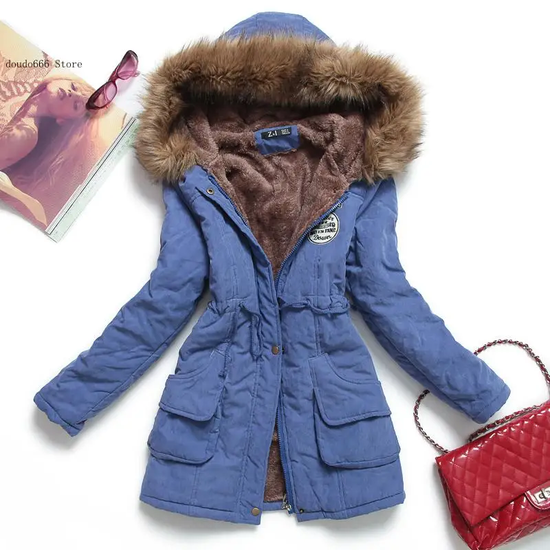 Women\\\'s Winter Cotton Coat Hooded Slim Fit Parker Cotton Coat Mid-Length Jacket Thickened Casual Jacket