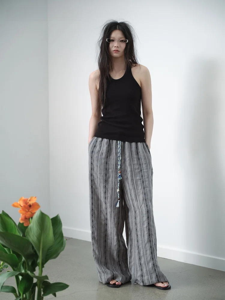 

VERMO Linen Cotton Blend Embroidered Comfortable Lightweight Loose Bohemian Drawstring Casual Pants Wide Leg Trousers