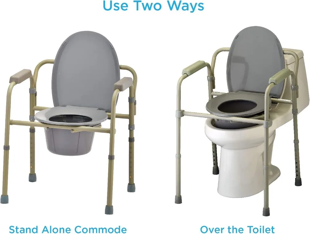 Folding Commode, Over Toilet and Bedside, Splash Guard/Bucket/Lid Included, Gray