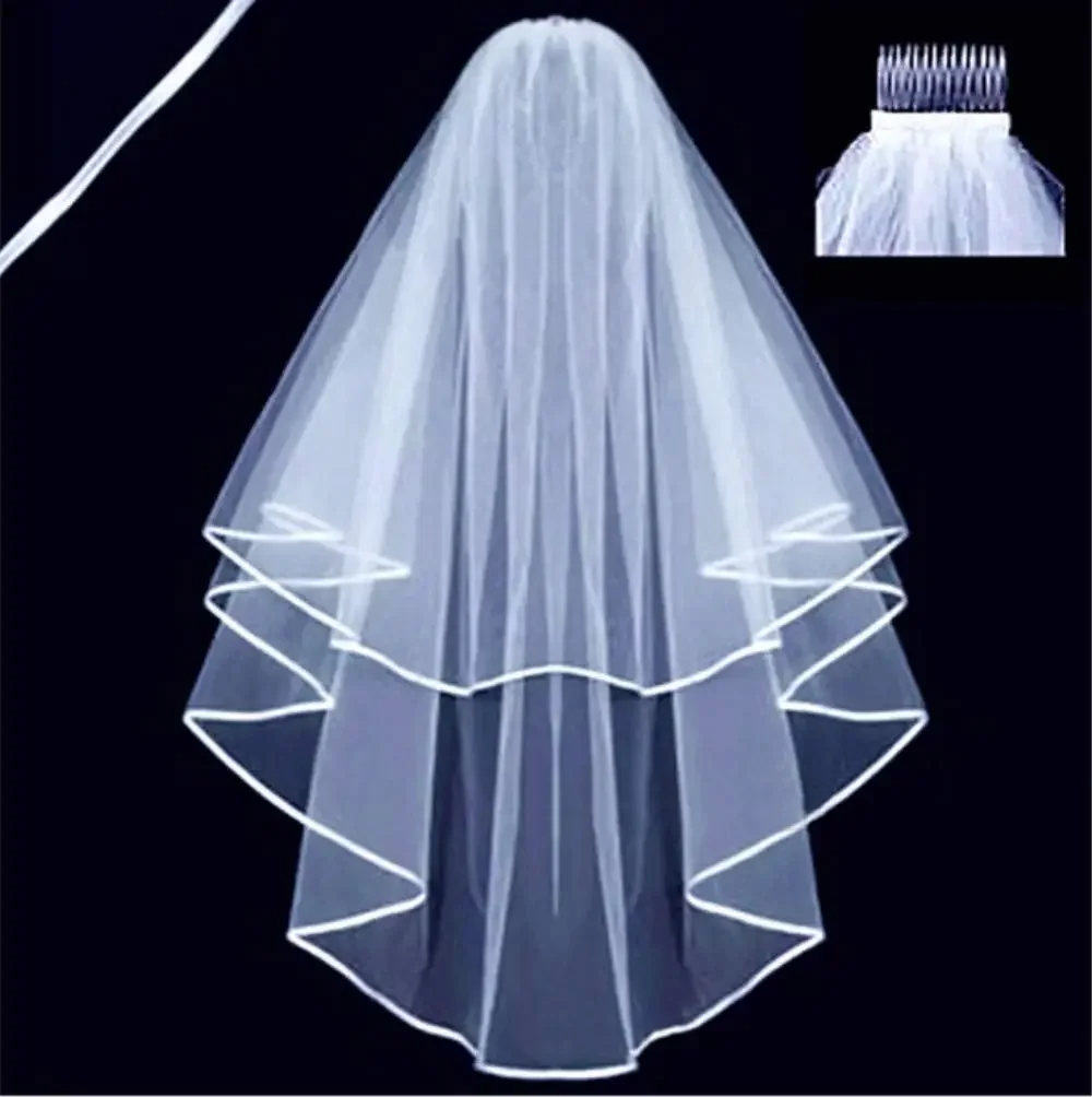 White Ivory Double Ribbon Edge Center Cascade Bridal Wedding Veil with Comb