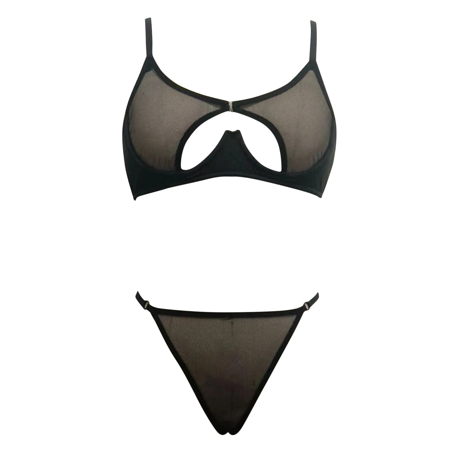 Black Mesh Lingerie Set Women Steel Ring Push Up Bra And Panty Set Thong Lingerie Transparent 2 Piece Erotic Costumes Underwear