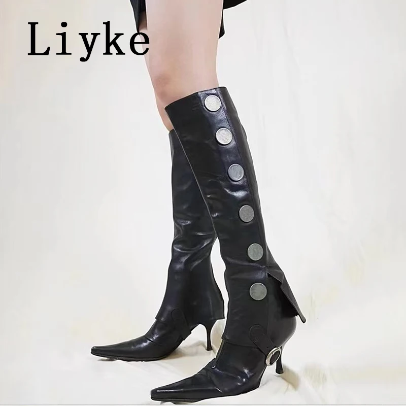 

Liyke подиумные модные сапоги до колена со съемными пуговицами, женские пикантные женские туфли-лодочки на шпильке с острым носком, размер 35-39