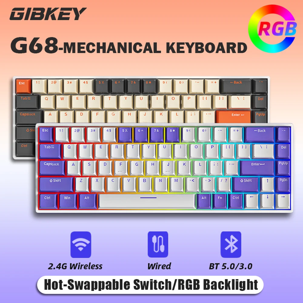 G68 teclado mecânico para jogos sem fio, teclado bluetooth permutável, 68 teclas, luz rgb, personalizado para gamer, tablet, computador, trabalho