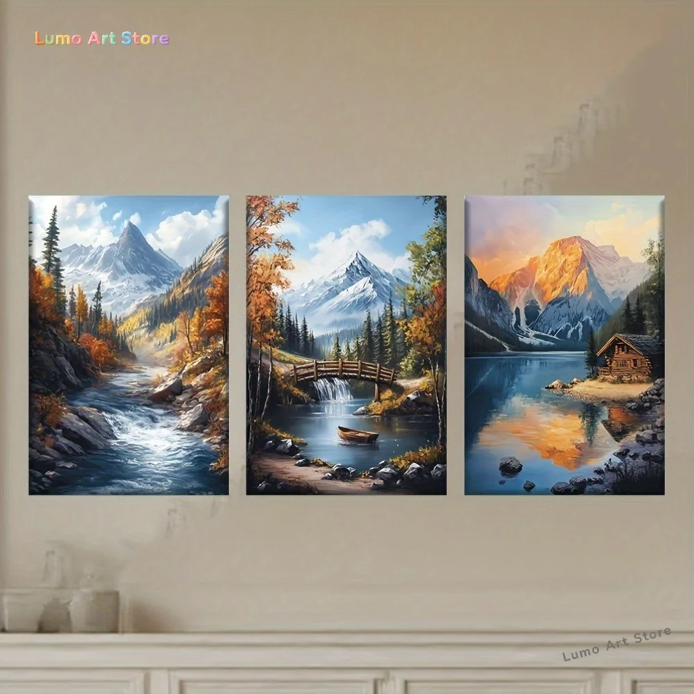 3pcs/Set, Canvas Painting--Unframed, Rivers, Streams And Cabins in The Woods, Beautiful, Sunset, Blue Sky, White Clouds, Autu