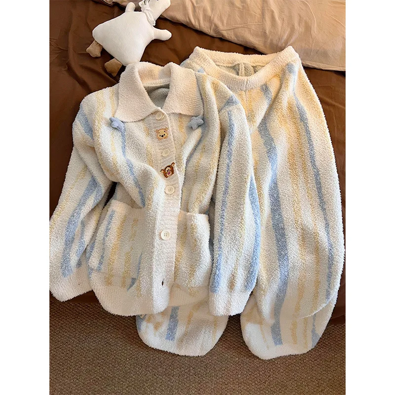 

Милый полосатый флисовый женский костюм с цветными блоками, осенне-зимний утолщенный кардиган с лацканами + брюки, повседневный комплект одежды для дома, верхняя одежда