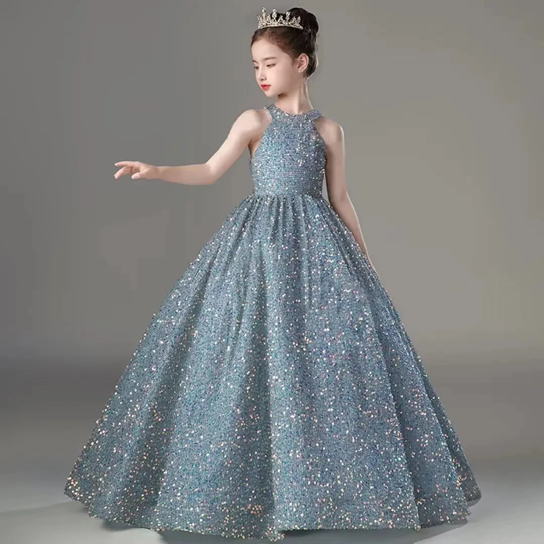 Robes longues à fleurs scintillantes pour filles, robe de soirée de mariage, col licou, robe de concours d'anniversaire, ligne A, robes de soirée formelles de princesse pour filles