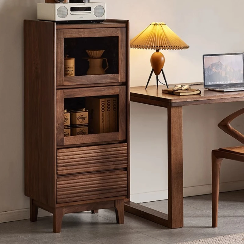 

Black walnut wine cabinet Nordic simple display vertical cabinet household living room solid wood wall side cabinet