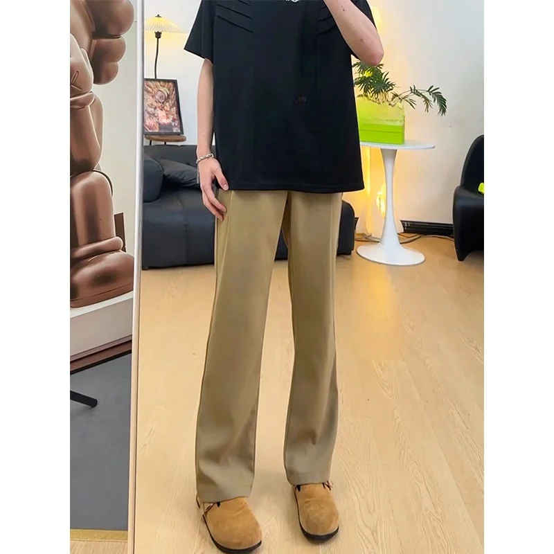 

Khaki Ice Silk Blade Men's Summer Thin 57 Flared American Sle Slim Straight Leg Pants Drapey Straight Cut Trousers