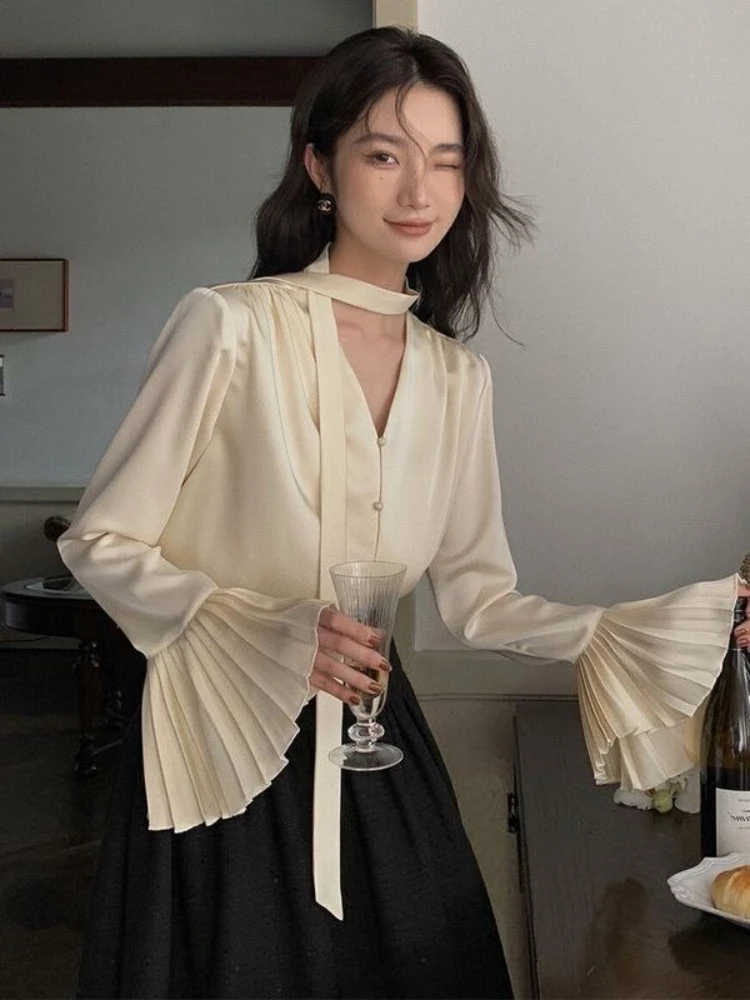 

Satin Shirts & Blouses for Women Elegant Social High Quality Cute Clothing Trend 2025 Youth Cool Youthful Silk V Neck Woman Top