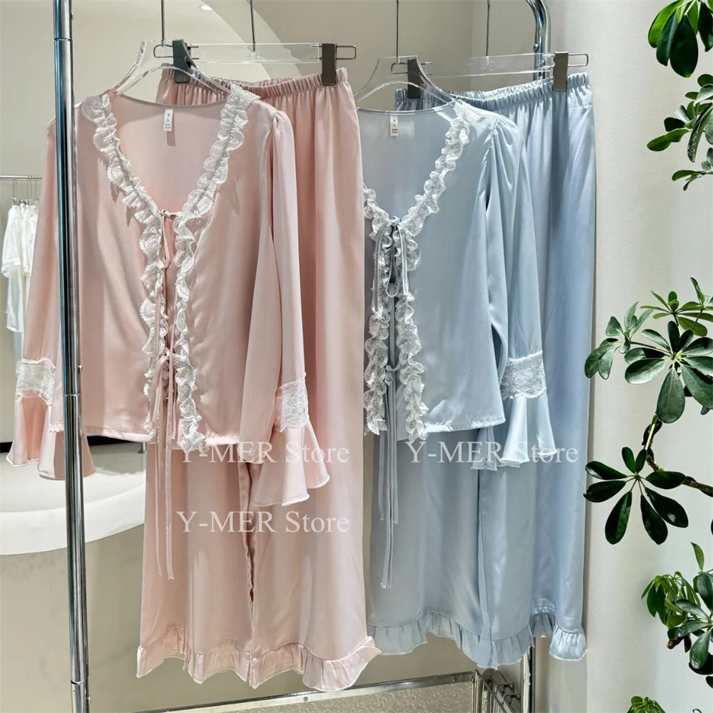 Blue Pajamas Set Elegant Home Clothes Ice Silk Sleepwear Women Loose Trousers Suit Four Seasons Loungewear Sexy Lace Nightgown