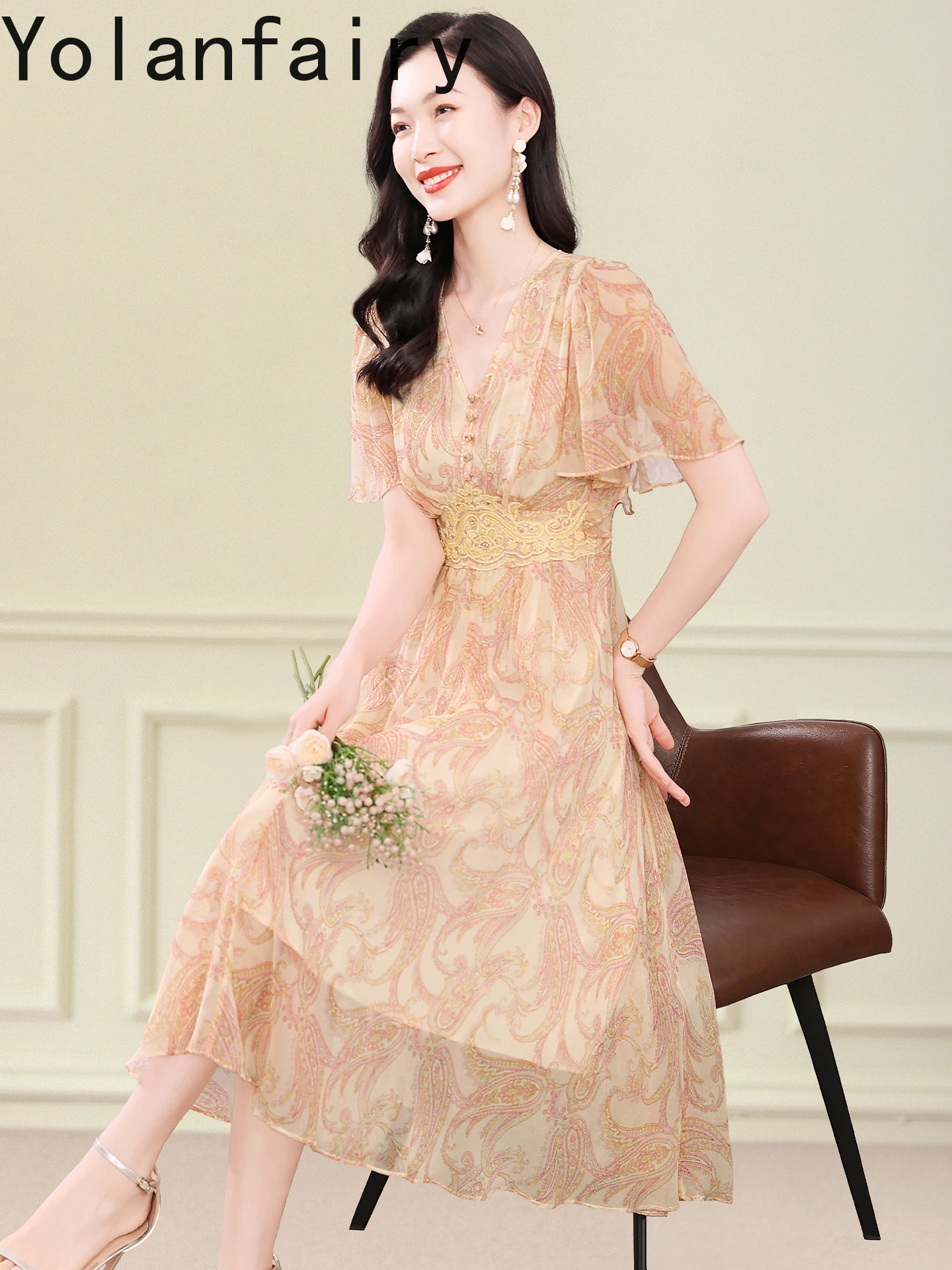 YOLANFAIRY Fashion 100% Natural Mulberry Silk Women Dress Summer Luxury Cinched Waist Dresses Woman V-neck Floral Beach Dress