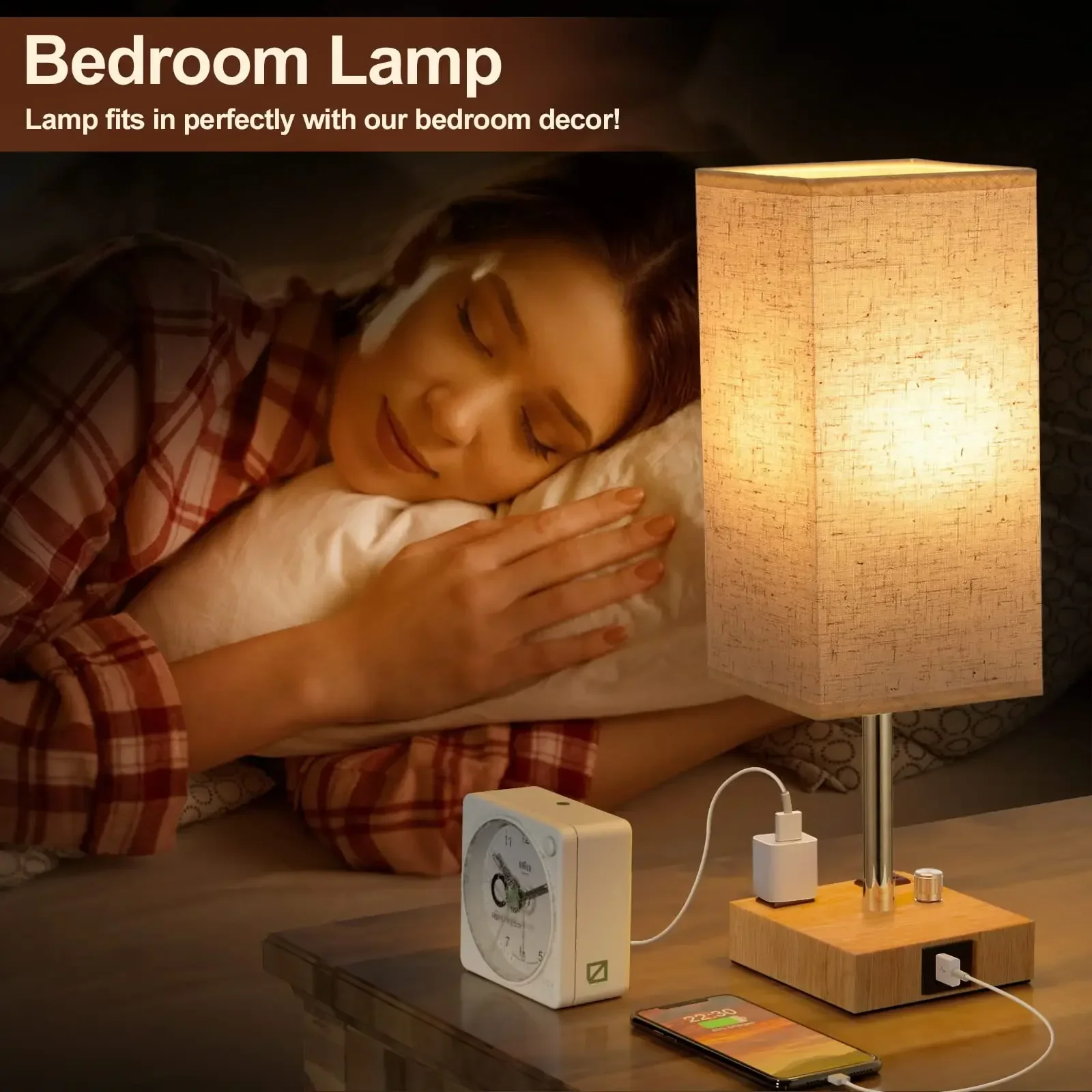 Fully Dimmable Desk Lamp with Solid Wood Bedside Lamps with USB C+A Ports Led Lighting Nightstand Rechargable Light Writing Lamp