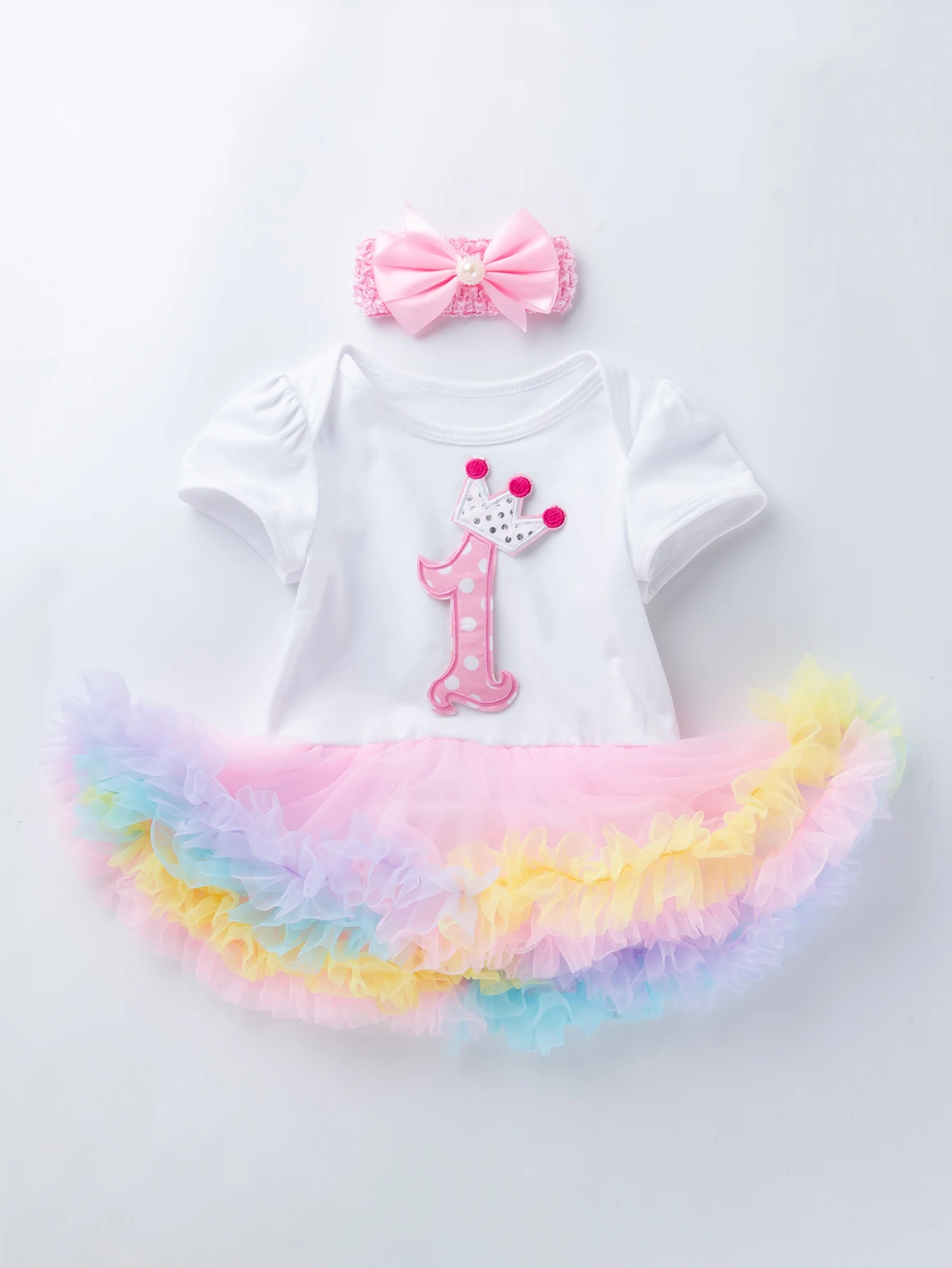 Baby Girls 1st Birthday Outfit Set Ice Cream/Crown Print Bodysuit Rainbow Tutu Skirt+Bow Headband Party Costume