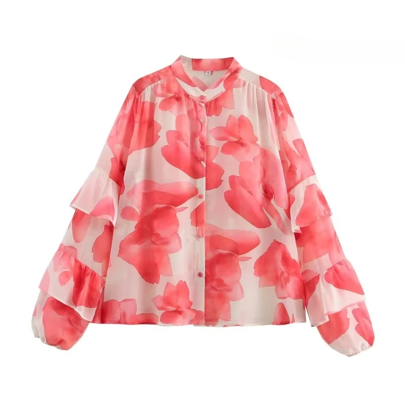 

TRAFZR Pink Floral Stand Collar Blouse - Chiffon Ruffle Sleeve & Loose Fit Button-Up S/S Romantic Style
