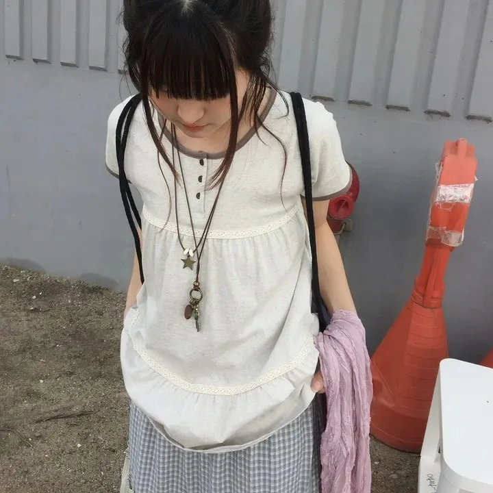 Lace Trim Splice Color Block Short Sleeve T Shirt Forest System Daily Style Women's Fashion Summer Top Chinese Made