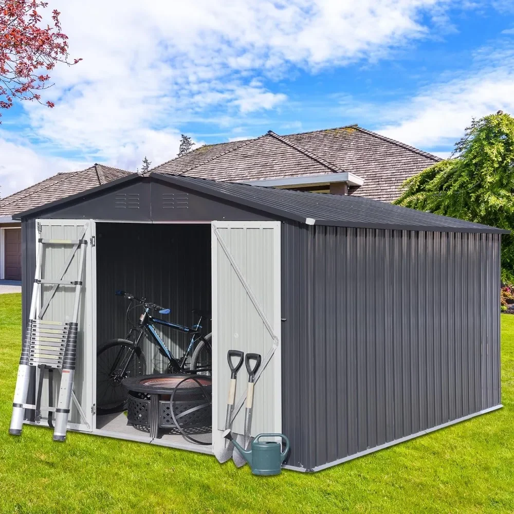 10X8 FT Outdoor Storage Shed with Floor Frame, Large Garden Shed for Lawn Mower, Garbage Can, Bike, Motorcycle