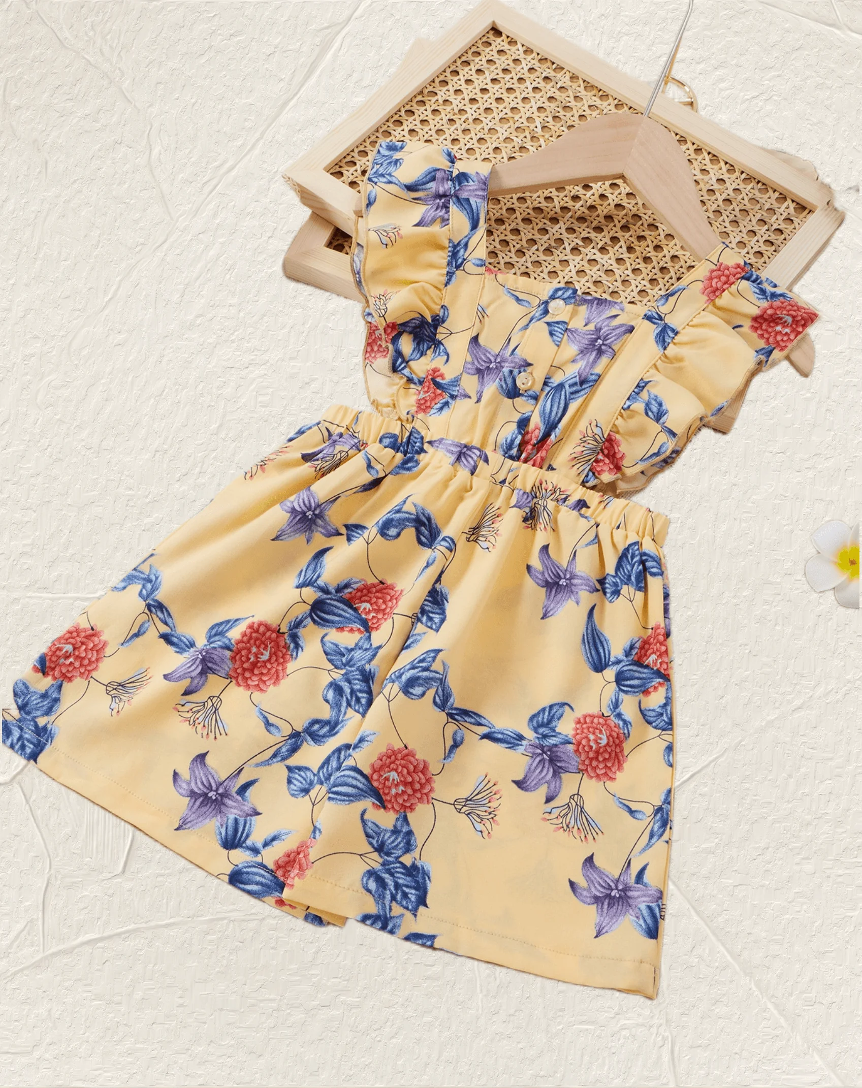Summer girls conservative commute less sook flower print lace camisole yellow square collar pleated elastic romper