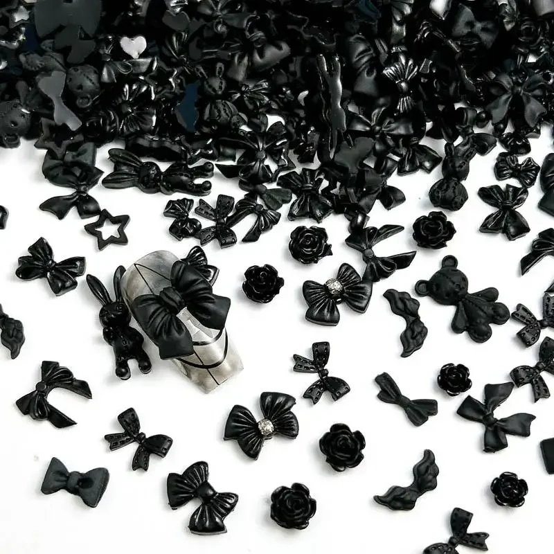 

50 шт. случайные смешанные черные банты, подвески для ногтей с медведем, смола, мини-сердце, звезда, цветок, украшения для дизайна ногтей, ручная работа, сделай сам, пресс на ногтях