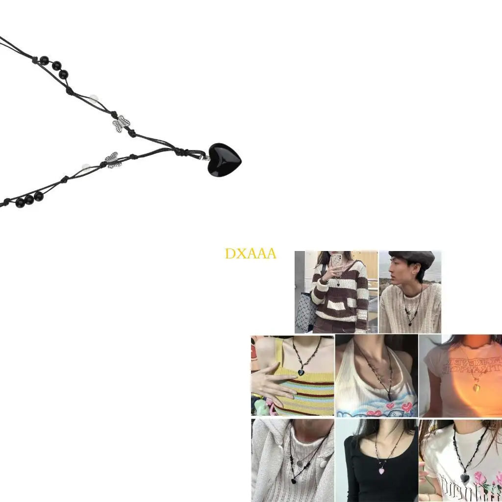 DXAA Gemstone-Pendant Necklace Natural Heart Stone Choker Chain Woven Rope Clavicle