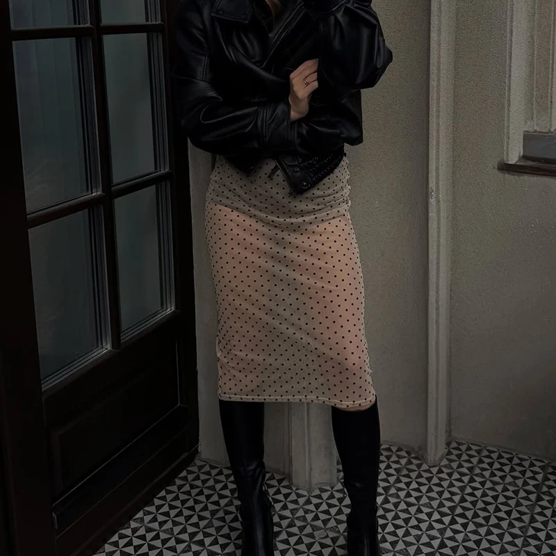 Polka Dot Mesh Midi Skirt Women Y2K High Waist Straight Long Skirts Vintage Elegant Streetwear Sexy See Through Skirts Jupe