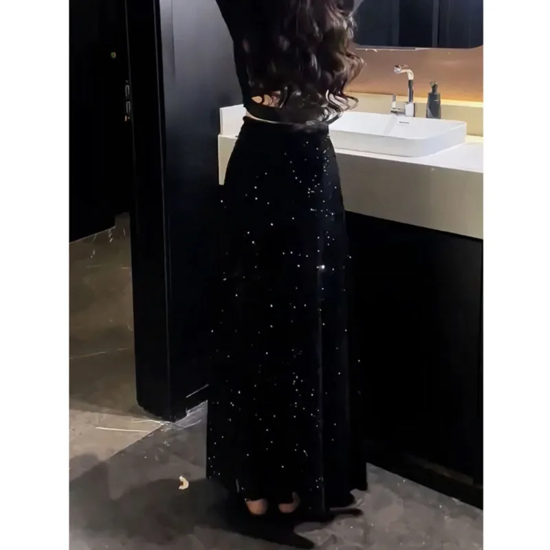 New Fashion Sequin Long Skirt Women Spring Autumn High Quality Vintage Retro Black High Waist A-Line Skirts Elegant Jupe