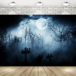 Halloween Theme Photography Backdrop Gloomy Scene Background Scary Graveyard Tombstone Night Ghost Full Moon Banner Poster Decor