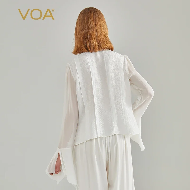 VOA 100% Pure Silk Woven Printed Patchwork Georgette Silk Flare Long Sleeved Tops Women O-neck Straight Casual T-shirt BE1575