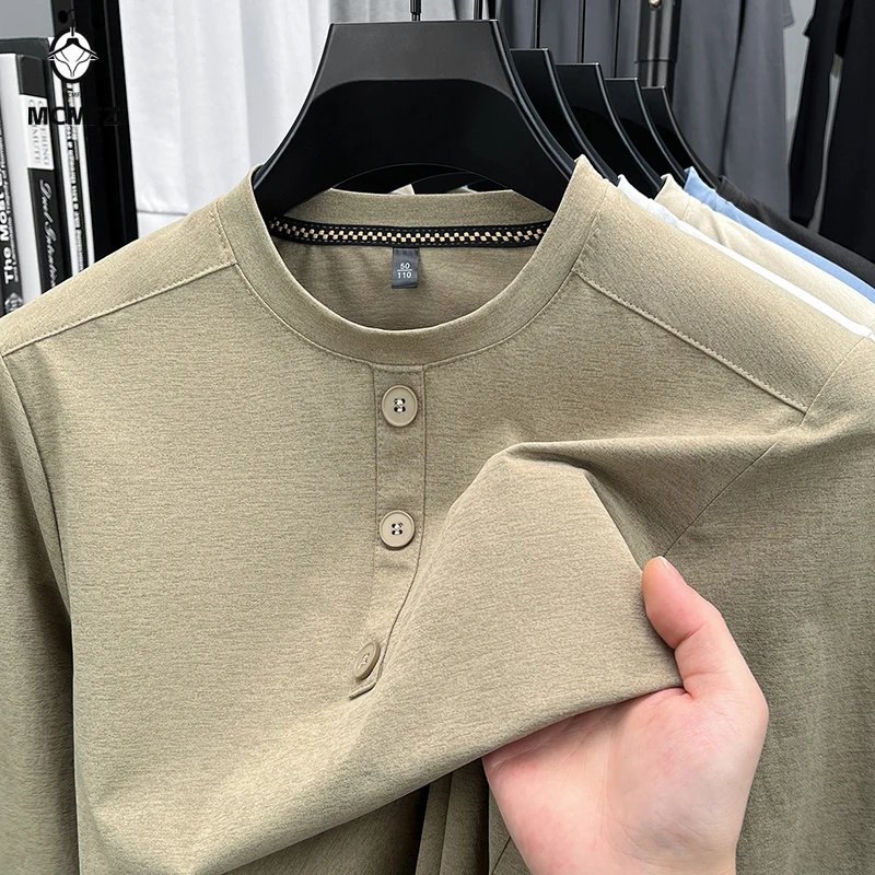 Mens Long Sleeve Henley Neck Top Casual Button Placket Shirt Men Business Office Breathable Slim Fit Pullover