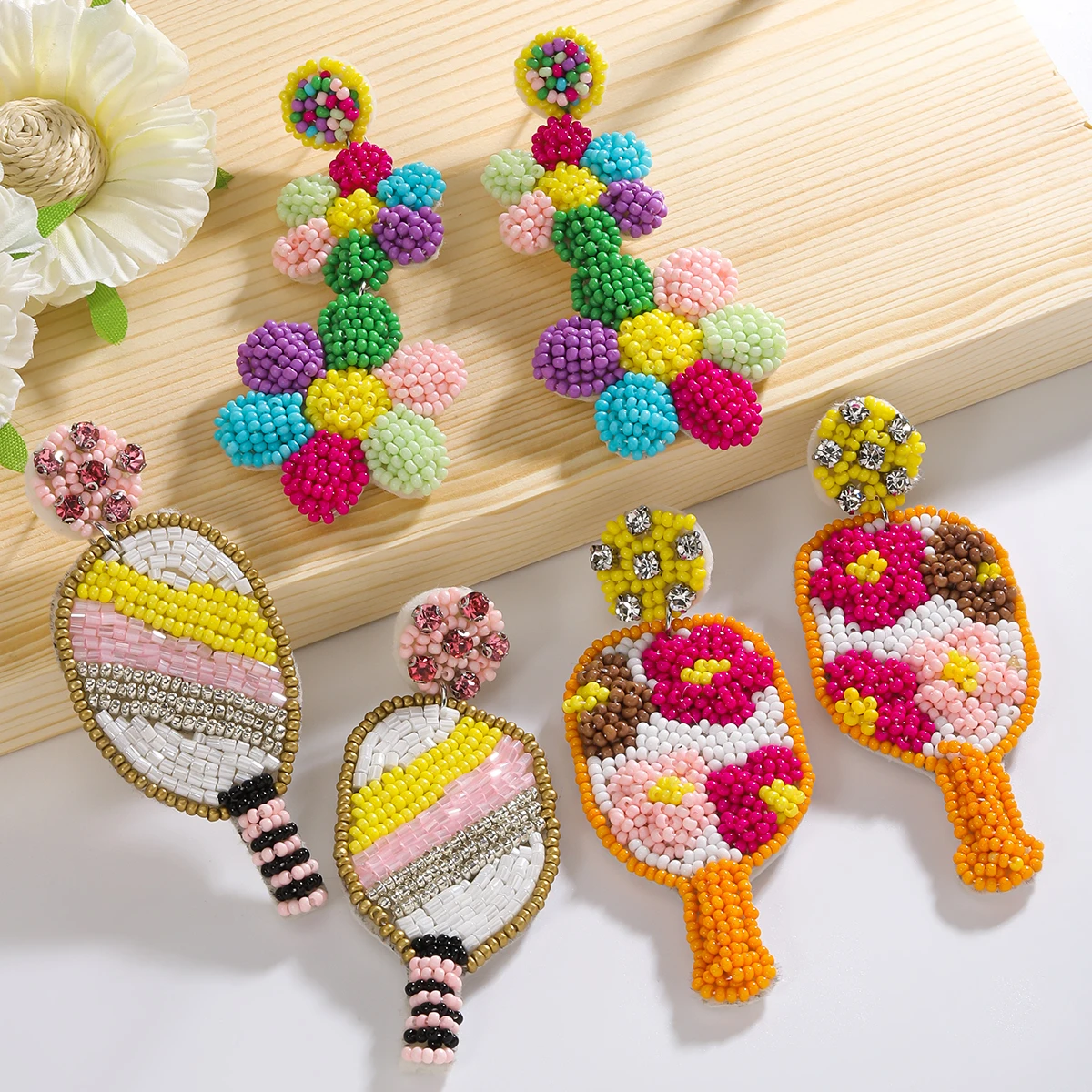 Best Lady Bohemian Handmade Baseball Bat Sunflower Earrings for Women Fashion Accessories for Game Day in Summer