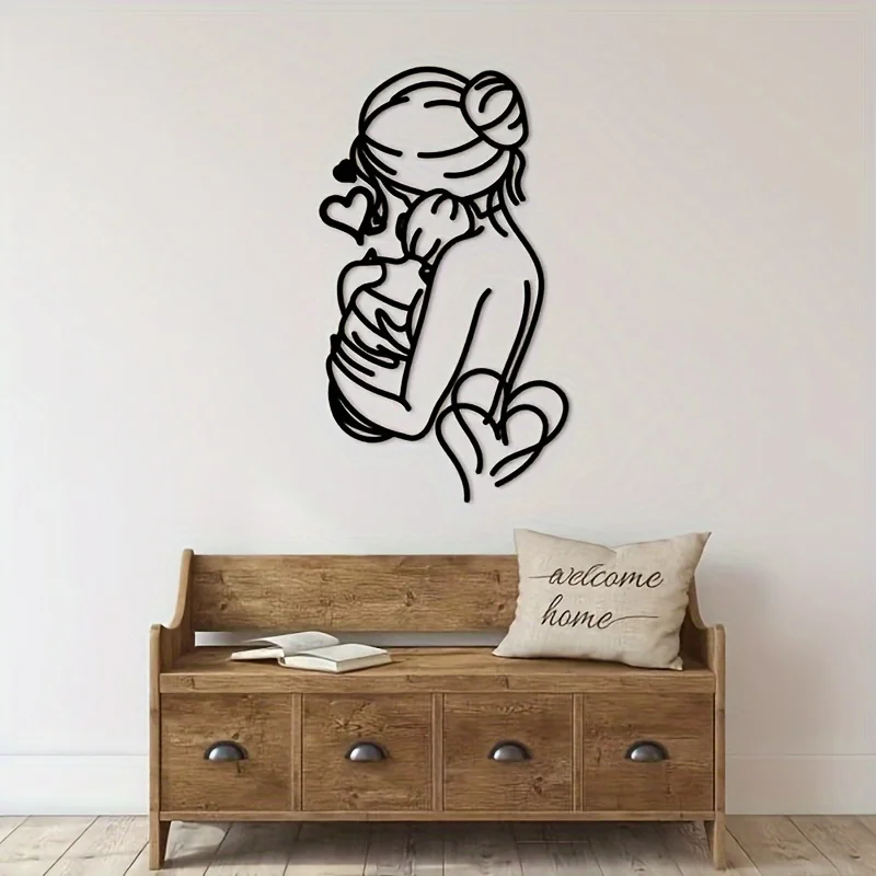 CIFBUY Iron Art Wall Decor Mother Child Metal Sign Minimalist Wall Art Family Plaque Birth Announcement Room Decoration