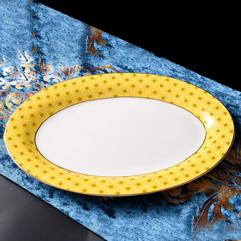 High-Grade oval Ceramic Plate Flat Round Steamed Fish Plate 12 Inch Yellow Nordic Dinner Plate Dish Steak Bread Plate