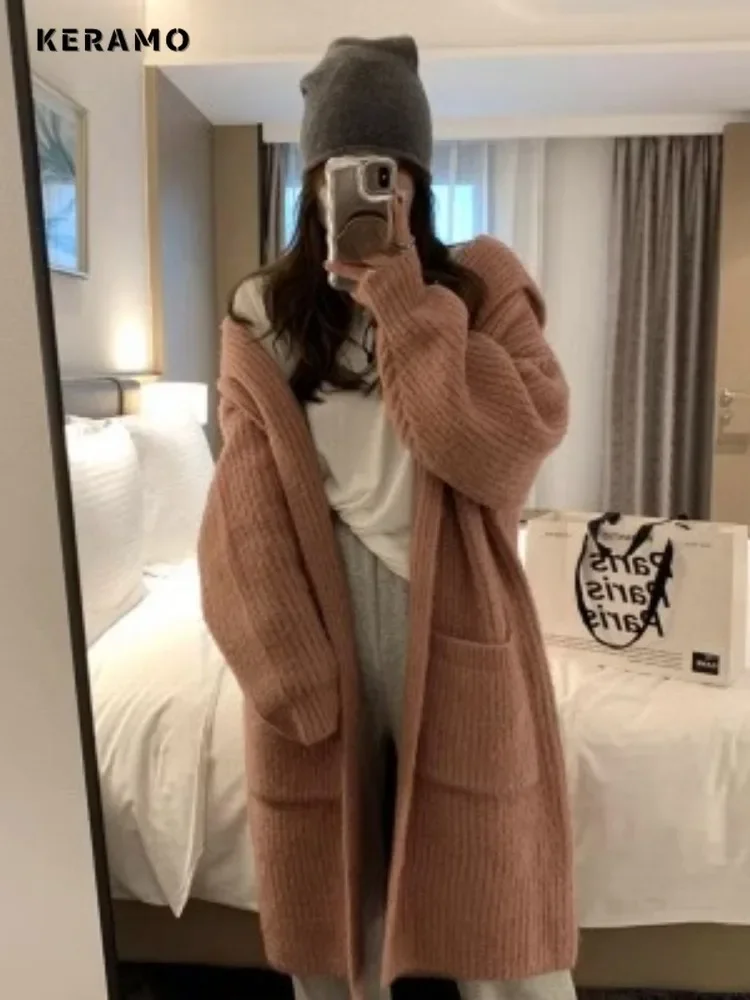 Women\'s Casual Chic Style Solid Color Knit Long Sleeve Hooded Cardigans 2024 Winter Fashion Casual Oversized Simple Sweater