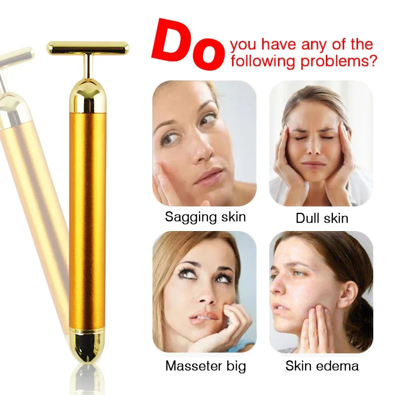 24K Gold T-shaped Facial Roller Vibrating Lifting Pulse Firming Massager Wrinkle Treatment Skin Tightening Energy Beauty Stick