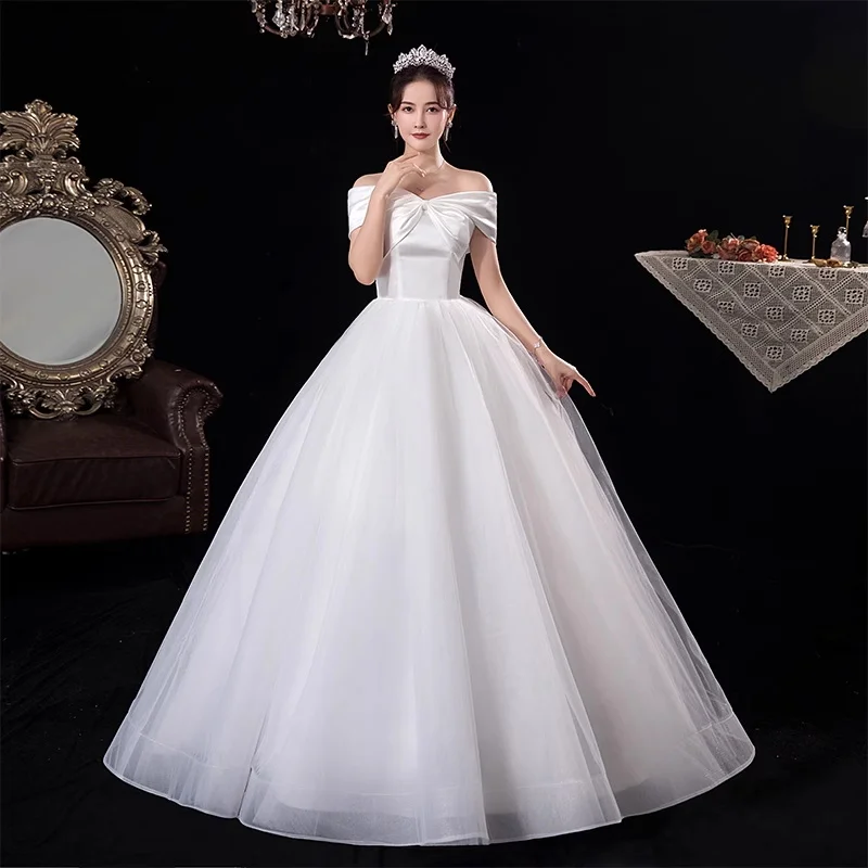 AnXin SH princess white satin lace boat neck big bow sleeveless bride ball gown lace up bride customized wedding dress